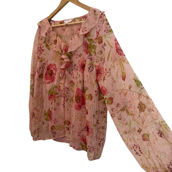 Women's XL Blush Pink Floral Ruffle Layered Shabby Chic Flowy Soft Blouse - Picture 3 of 4
